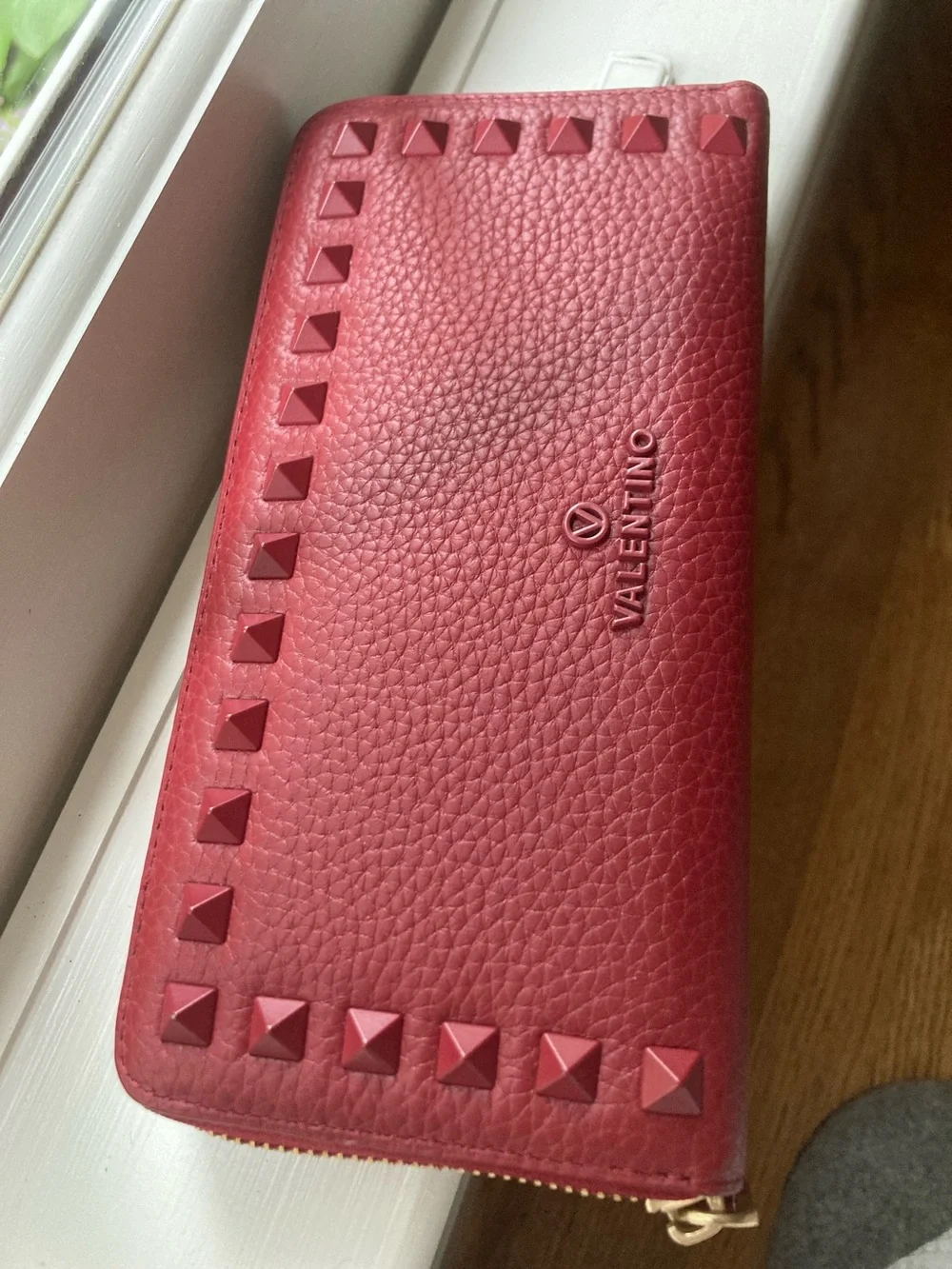 Valentino Red Pebbled  Leather Rockstud Zip Wallet